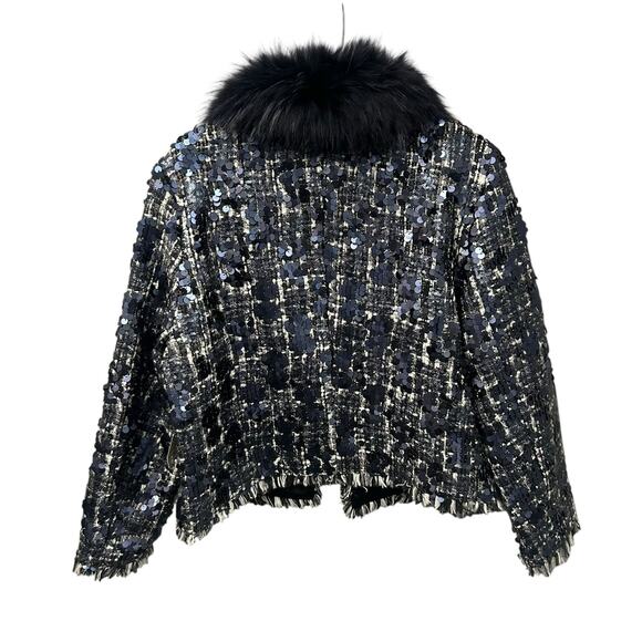 NWT Dolce Cabo Blue Raccoon Fur Removable Collar Sequin Tweed Jacket Womens XL - Picture 8 of 9